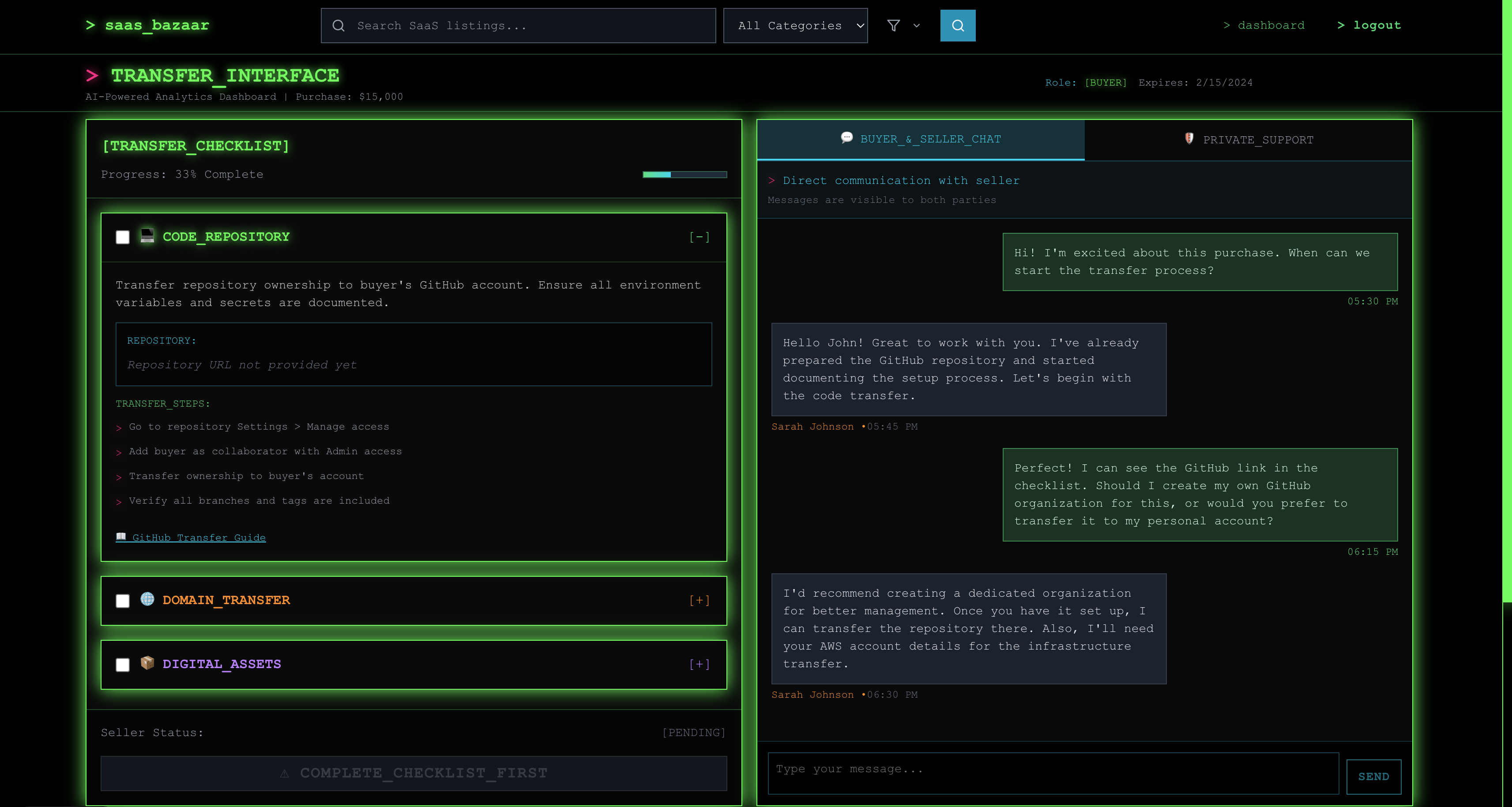Transfer Interface Screenshot showing checklist and chat system